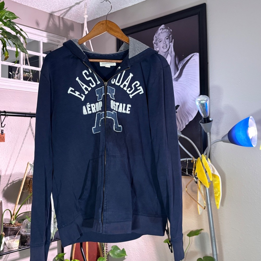 Aeropostale Navy Blue Graphic Zip Hoodie "East Coast" Logo Sweatshirt L